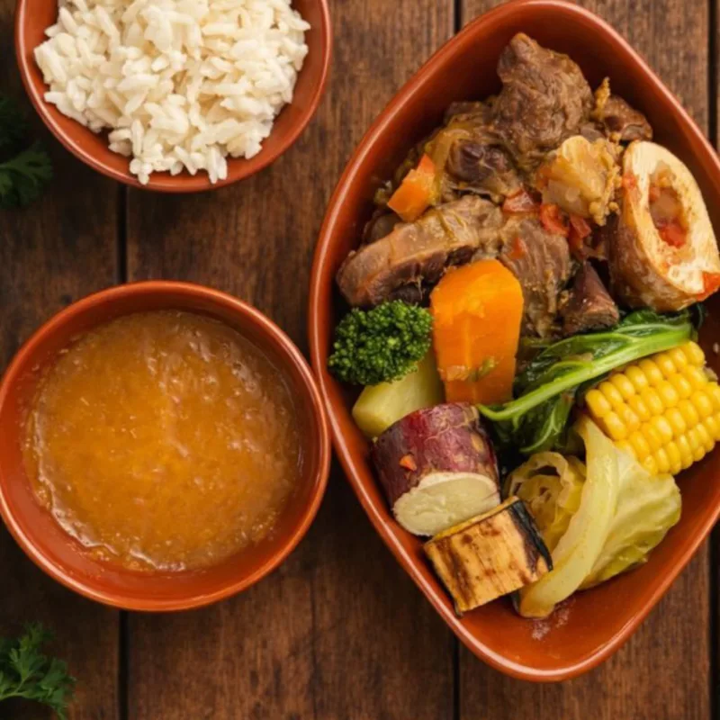Cozido servido em louça de barro, com arroz e pirão ao lado